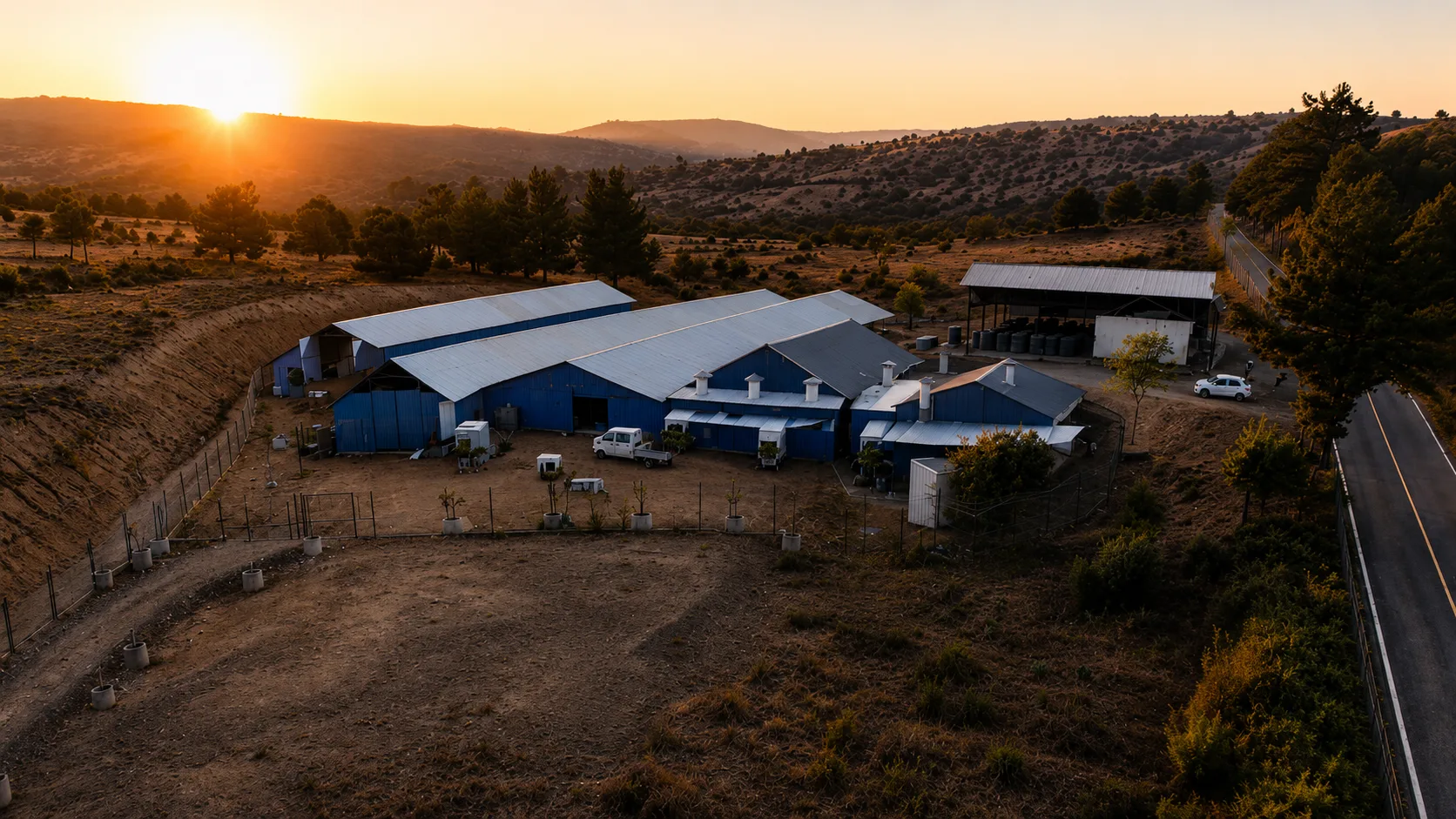 Vista aérea de la fábrica de Fibrotex al atardecer